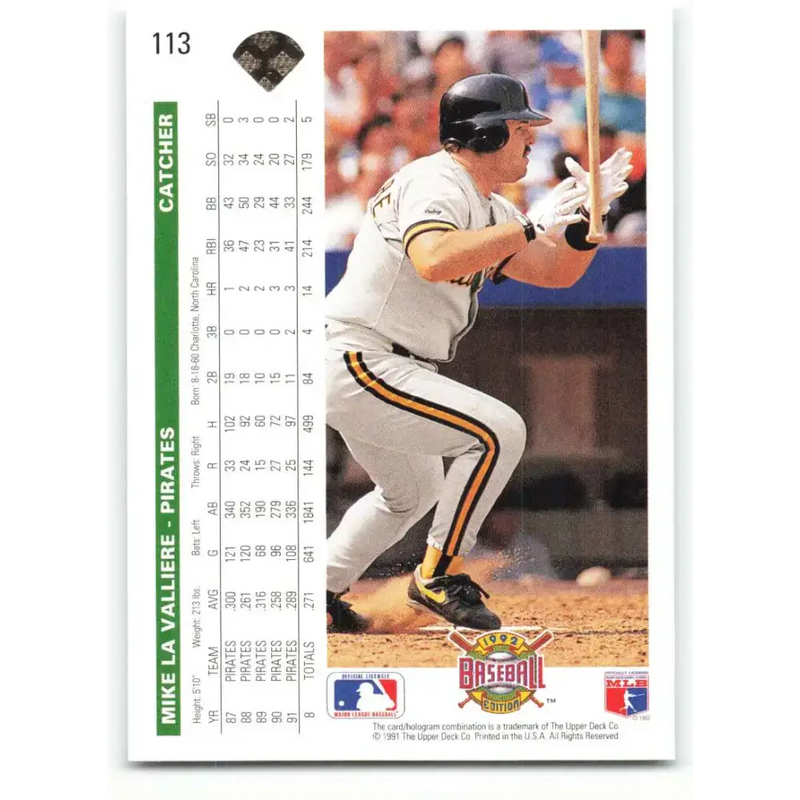 1992 Upper Deck #113 Mike LaValliere NM-MT Pittsburgh Pirates Baseball Card - Baseball Card Single