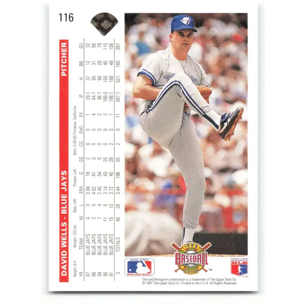 1992 Upper Deck #116 David Wells NM-MT Toronto Blue Jays Baseball Card - Baseball Card Single