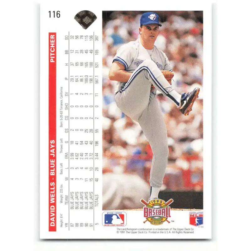 1992 Upper Deck #116 David Wells NM-MT Toronto Blue Jays Baseball Card - Baseball Card Single