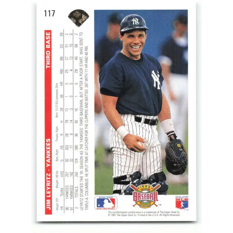 1992 Upper Deck #117 Jim Leyritz NM-MT New York Yankees Baseball Card - Baseball Card Single