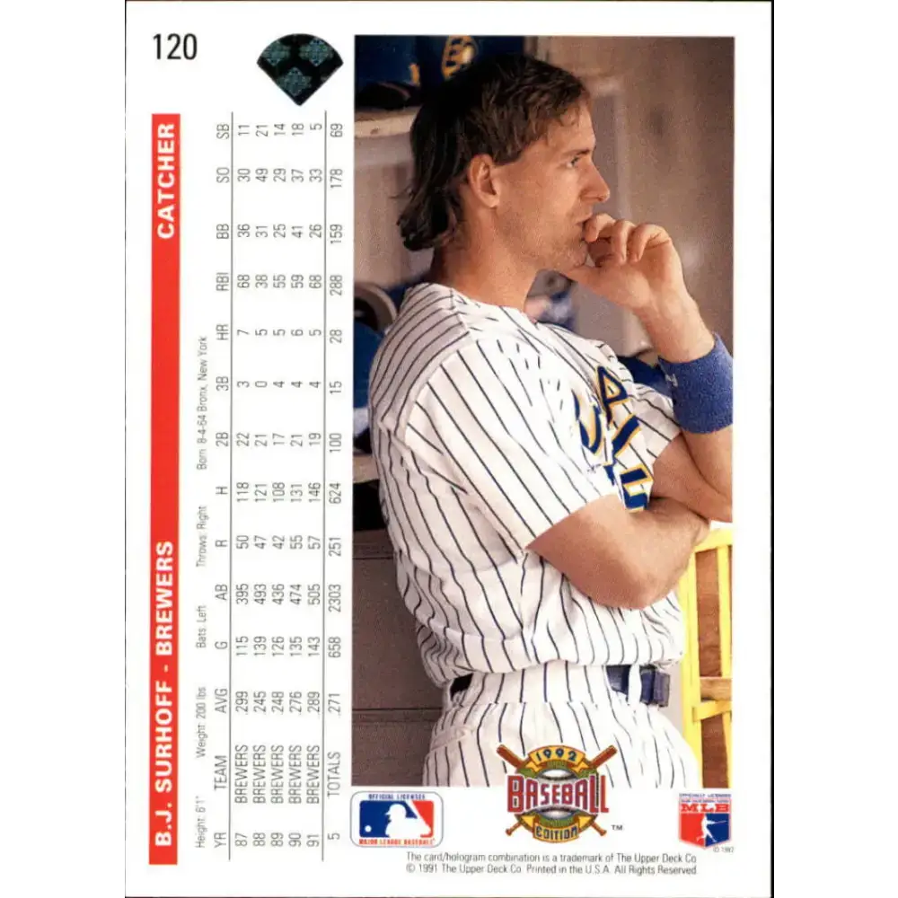 1992 Upper Deck #120 B.J. Surhoff NM-MT Milwaukee Brewers Baseball Card - Baseball Card Single