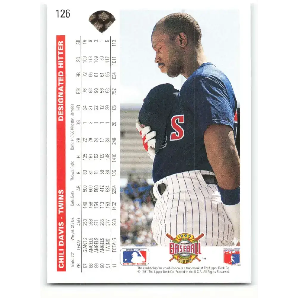 1992 Upper Deck #126 Chili Davis NM-MT Minnesota Twins Baseball Card - Baseball Card Single
