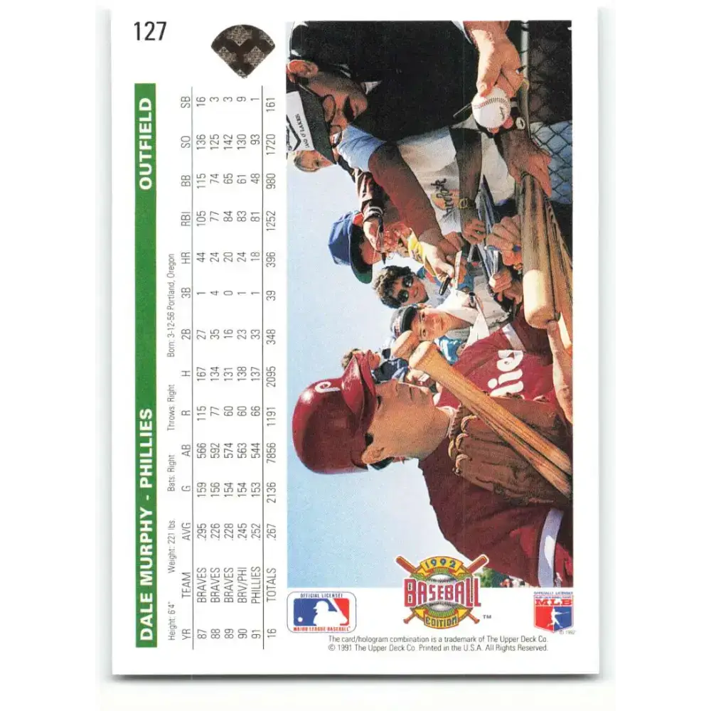 1992 Upper Deck #127 Dale Murphy NM-MT Philadelphia Phillies Baseball Card - Baseball Card Single