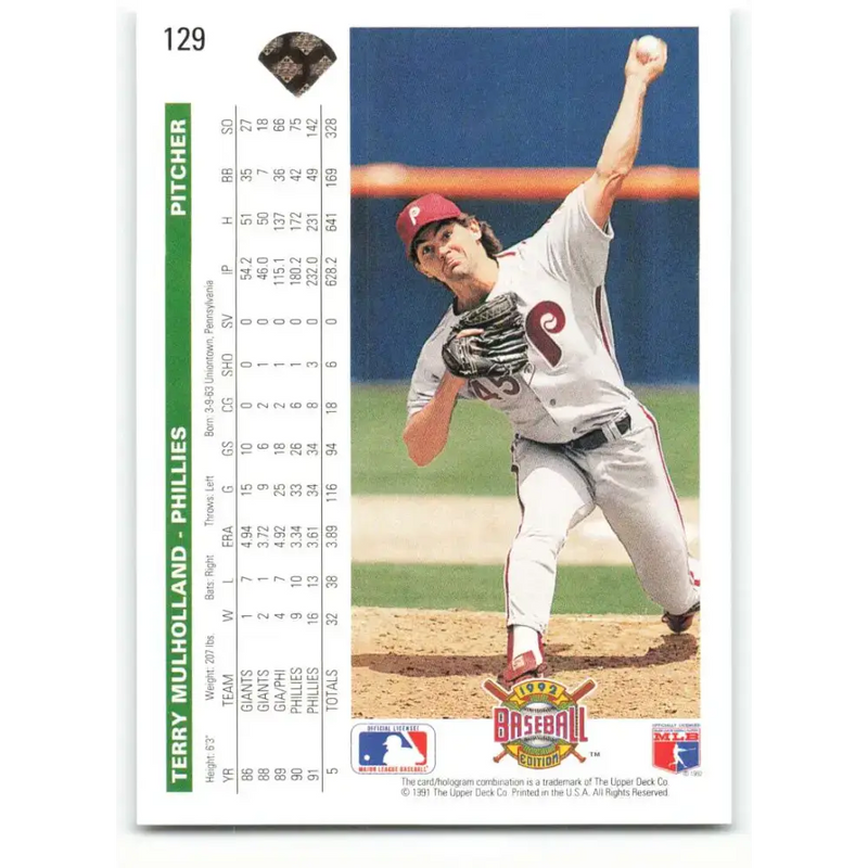 1992 Upper Deck #129 Terry Mulholland NM-MT Philadelphia Phillies Baseball Card - Baseball Card Single