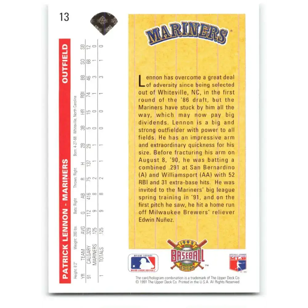 1992 Upper Deck #13 Patrick Lennon SR NM-MT RC Rookie Seattle Mariners Baseball Card - Baseball Card Single