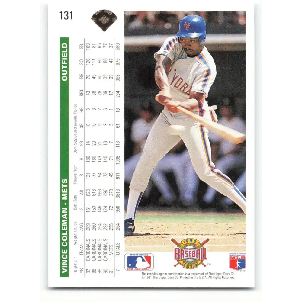 1992 Upper Deck #131 Vince Coleman NM-MT New York Mets Baseball Card - Baseball Card Single