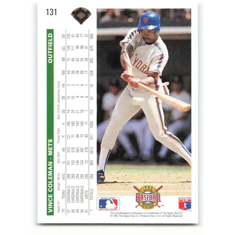 1992 Upper Deck #131 Vince Coleman NM-MT New York Mets Baseball Card - Baseball Card Single