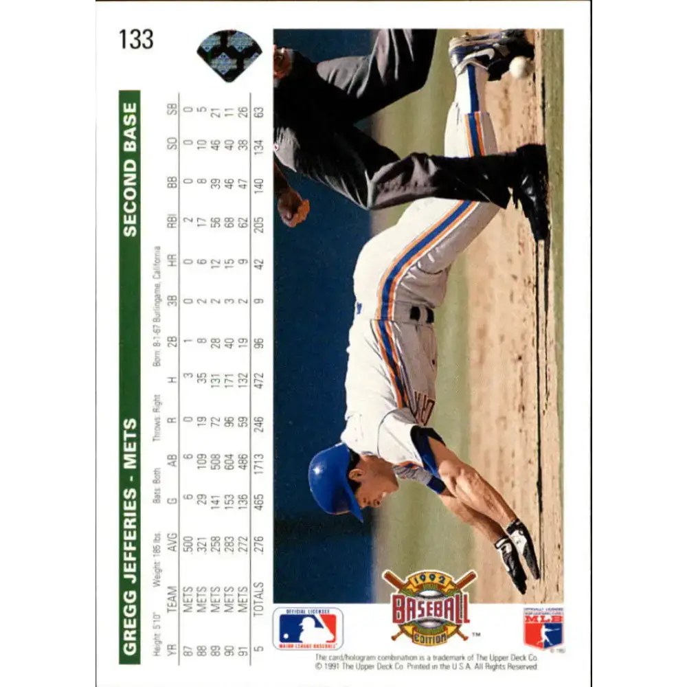 1992 Upper Deck #133 Gregg Jefferies NM-MT New York Mets Baseball Card - Baseball Card Single