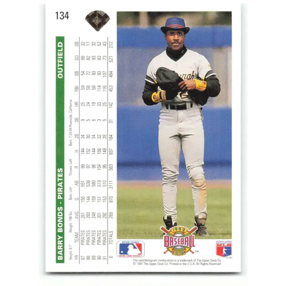 1992 Upper Deck #134 Barry Bonds NM-MT Pittsburgh Pirates Baseball Card - Baseball Card Single