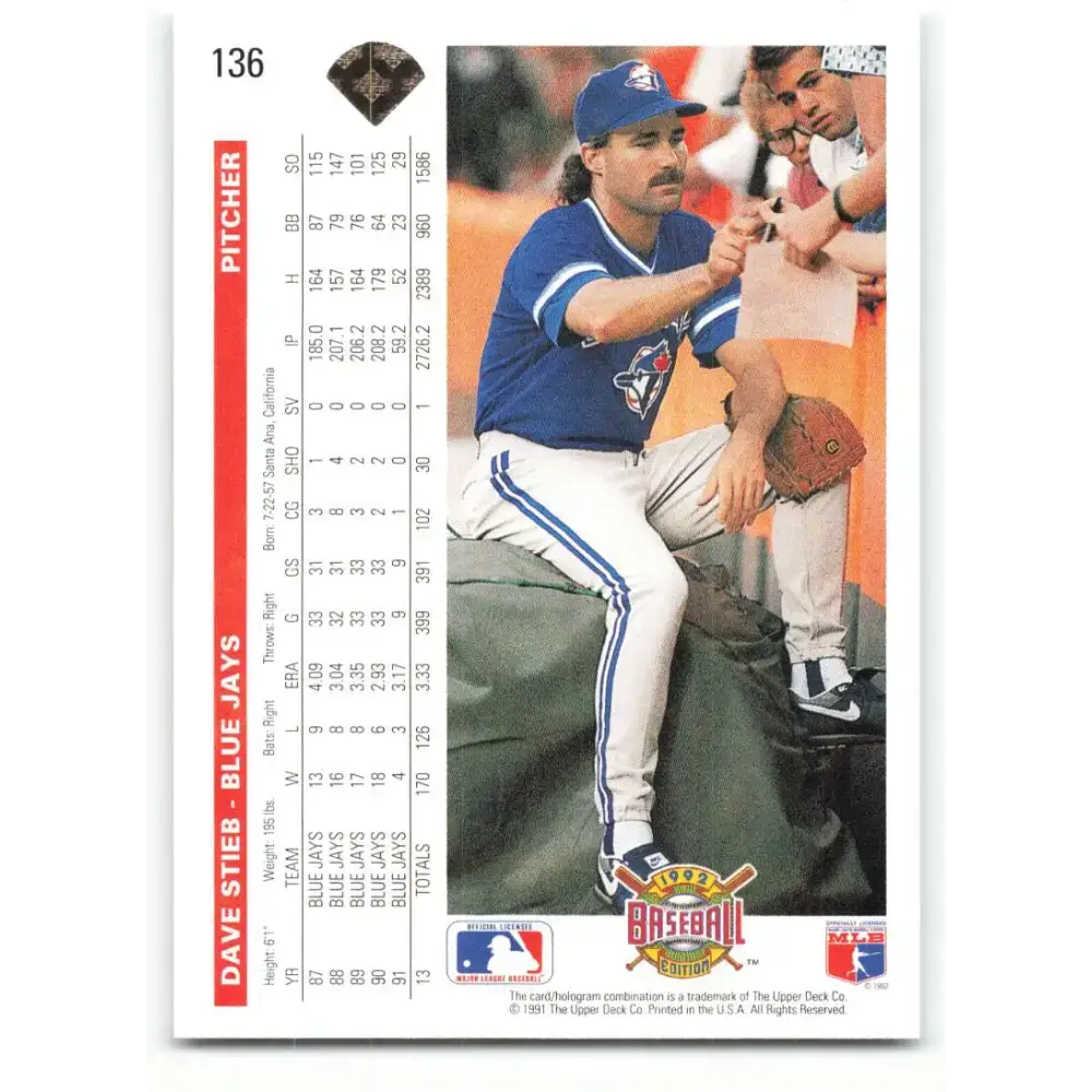 1992 Upper Deck #136 Dave Stieb NM-MT Toronto Blue Jays Baseball Card - Baseball Card Single