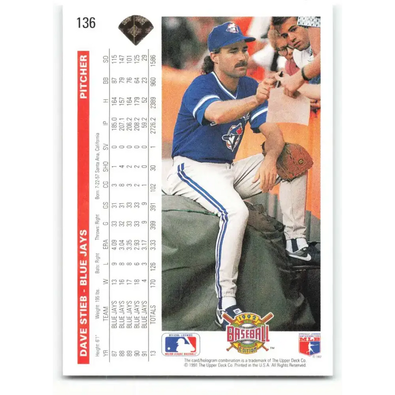 1992 Upper Deck #136 Dave Stieb NM-MT Toronto Blue Jays Baseball Card - Baseball Card Single