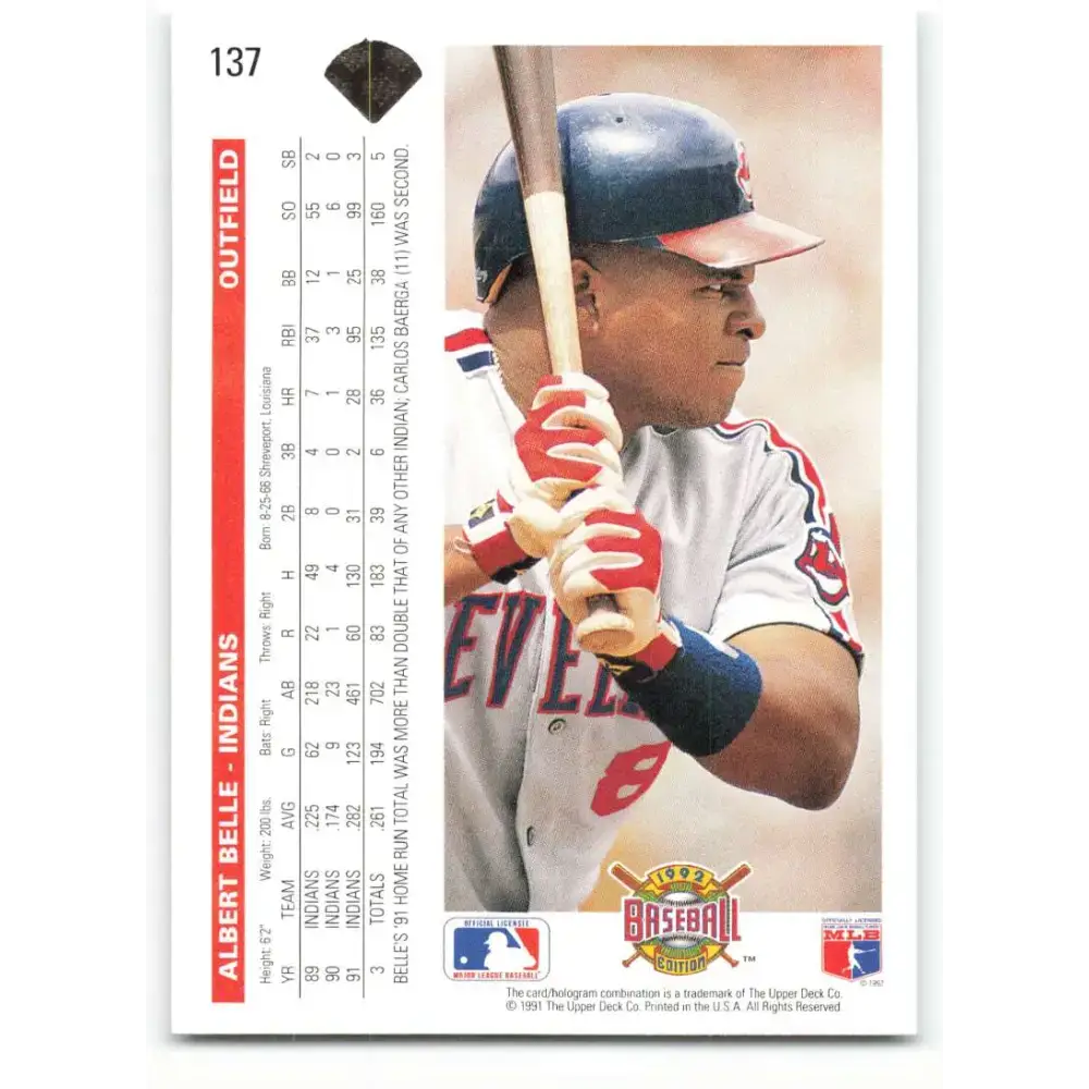 1992 Upper Deck #137 Albert Belle NM-MT Cleveland Indians Baseball Card - Baseball Card Single