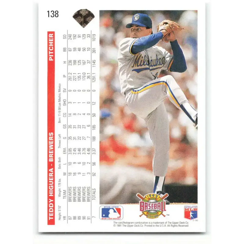 1992 Upper Deck #138 Teddy Higuera NM-MT Milwaukee Brewers Baseball Card - Baseball Card Single