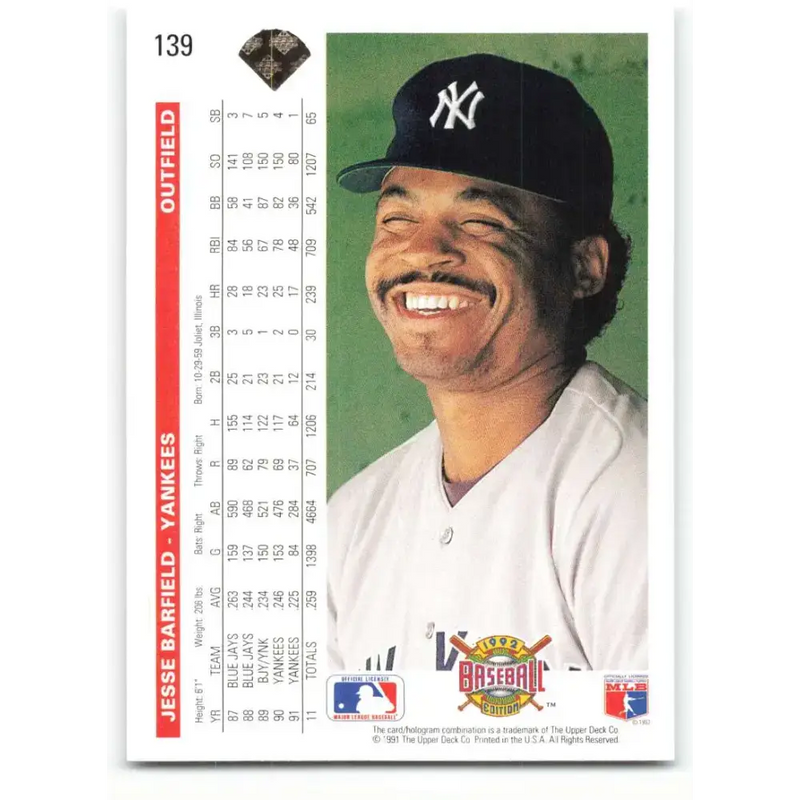 1992 Upper Deck #139 Jesse Barfield NM-MT New York Yankees Baseball Card - Baseball Card Single