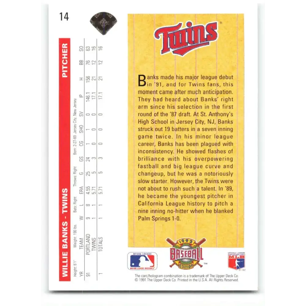 1992 Upper Deck #14 Willie Banks SR NM-MT RC Rookie Minnesota Twins Baseball Card - Baseball Card Single
