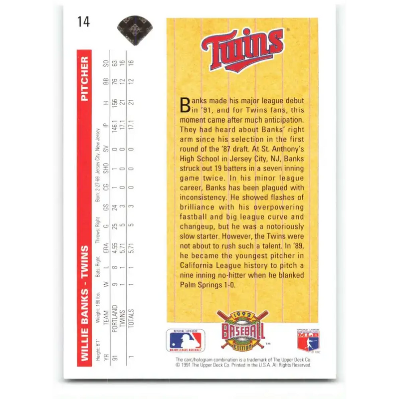 1992 Upper Deck #14 Willie Banks SR NM-MT RC Rookie Minnesota Twins Baseball Card - Baseball Card Single