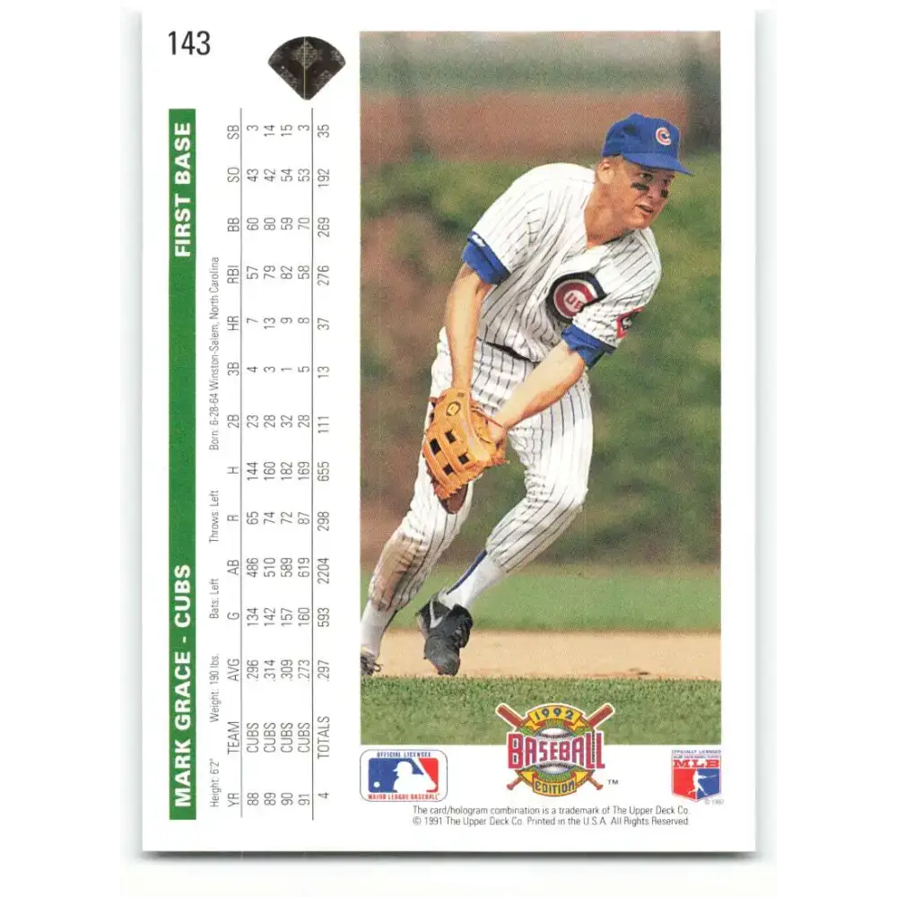 1992 Upper Deck #143 Mark Grace NM-MT Chicago Cubs Baseball Card - Baseball Card Single