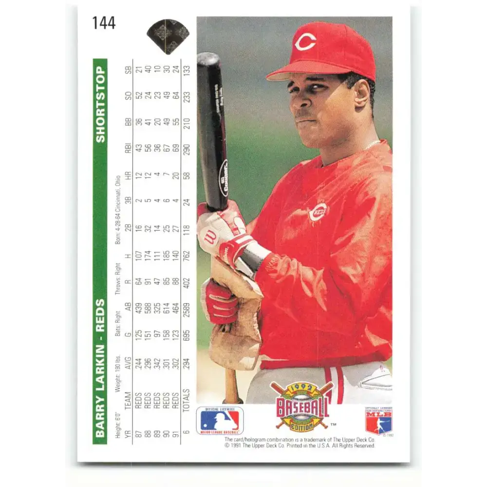 1992 Upper Deck #144 Barry Larkin NM-MT Cincinnati Reds Baseball Card - Baseball Card Single