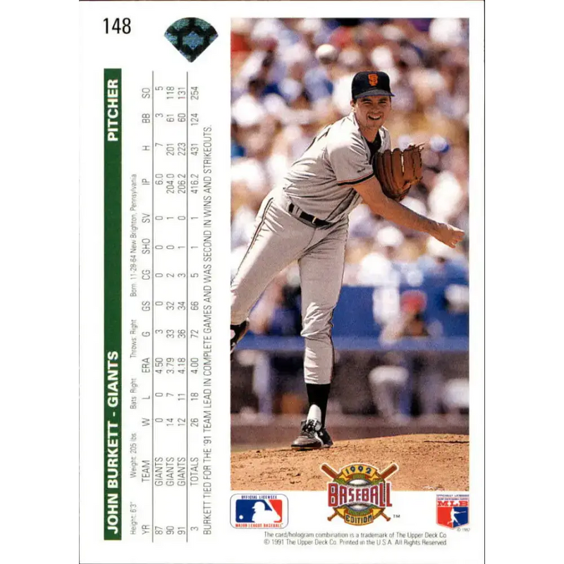 1992 Upper Deck #148 John Burkett NM-MT San Francisco Giants Baseball Card - Baseball Card Single