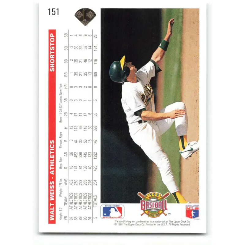 1992 Upper Deck #151 Walt Weiss NM-MT Oakland Athletics Baseball Card - Baseball Card Single