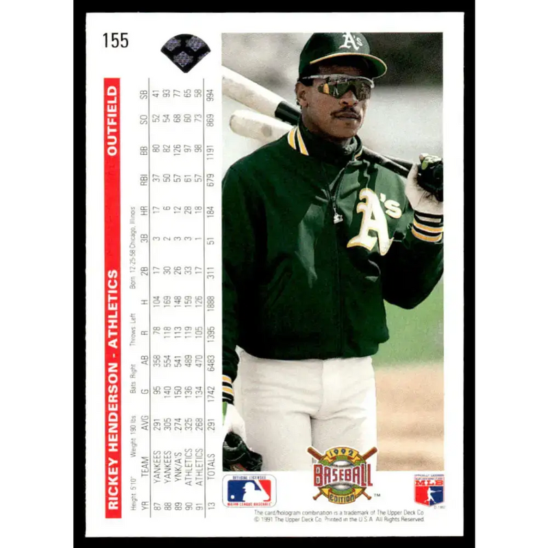 1992 Upper Deck #155 Rickey Henderson NM-MT Oakland Athletics Baseball Card - Baseball Card Single