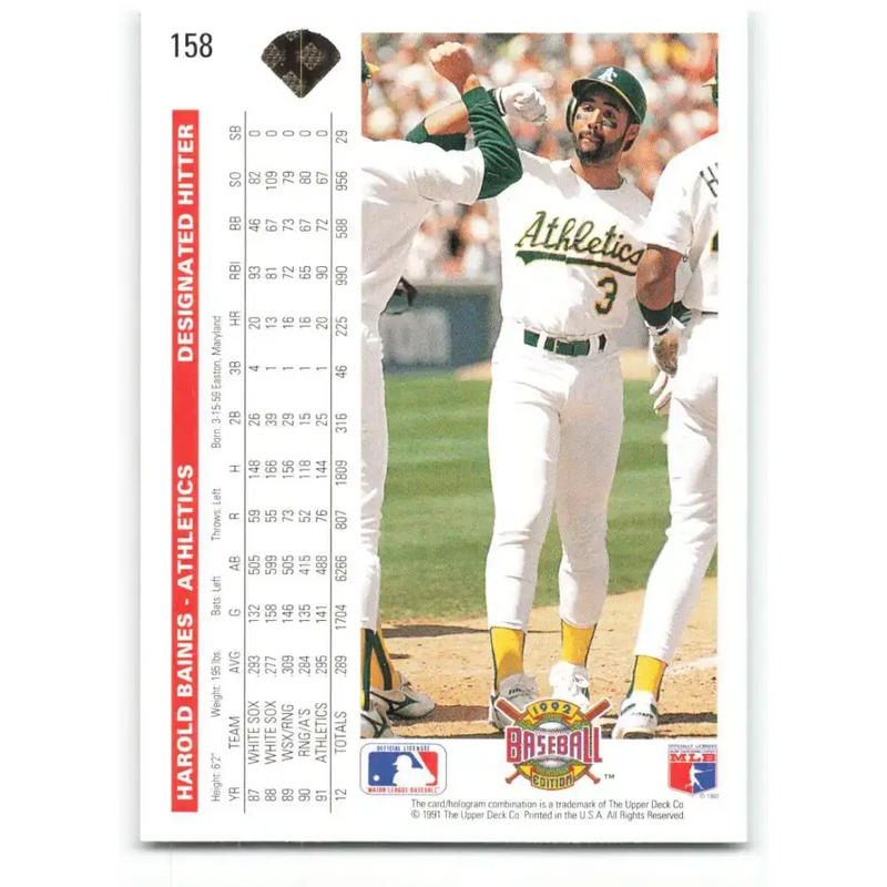 1992 Upper Deck #158 Harold Baines NM-MT Oakland Athletics Baseball Card - Baseball Card Single