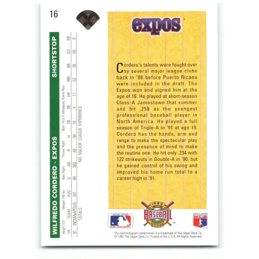 1992 Upper Deck #16 Wil Cordero NM-MT Montreal Expos Baseball Card - Baseball Card Single