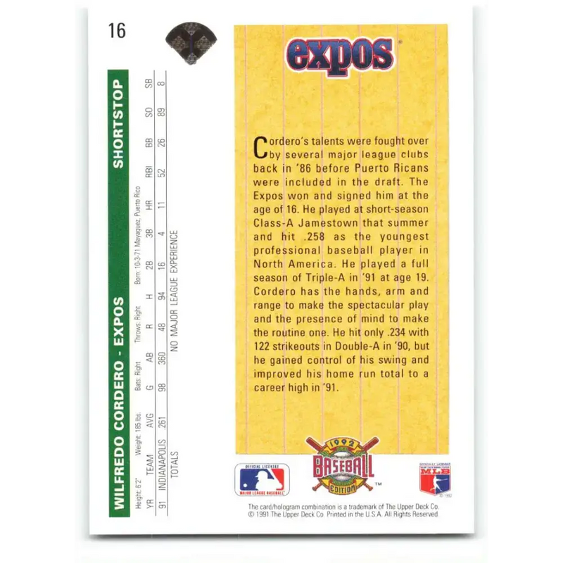1992 Upper Deck #16 Wil Cordero NM-MT Montreal Expos Baseball Card - Baseball Card Single