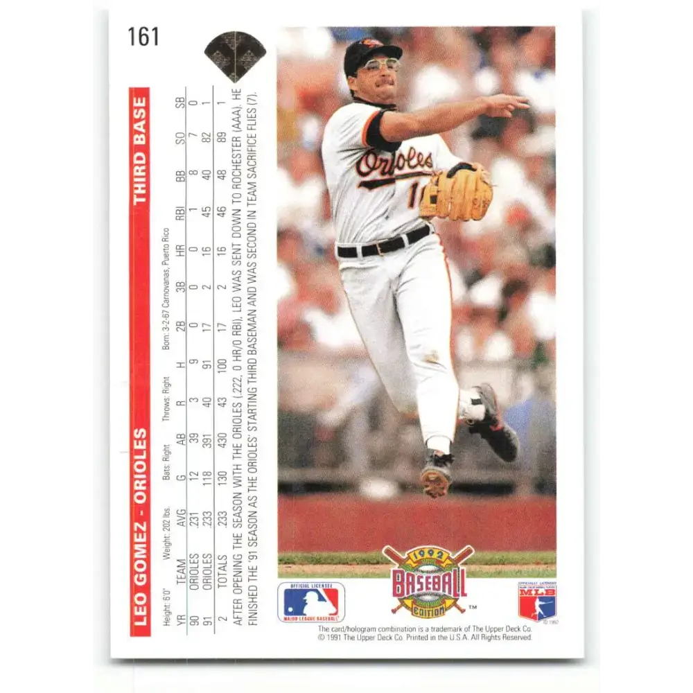 1992 Upper Deck #161 Leo Gomez NM-MT Baltimore Orioles Baseball Card - Baseball Card Single