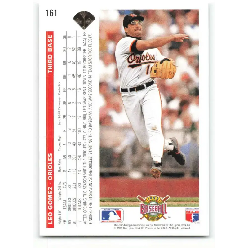 1992 Upper Deck #161 Leo Gomez NM-MT Baltimore Orioles Baseball Card - Baseball Card Single