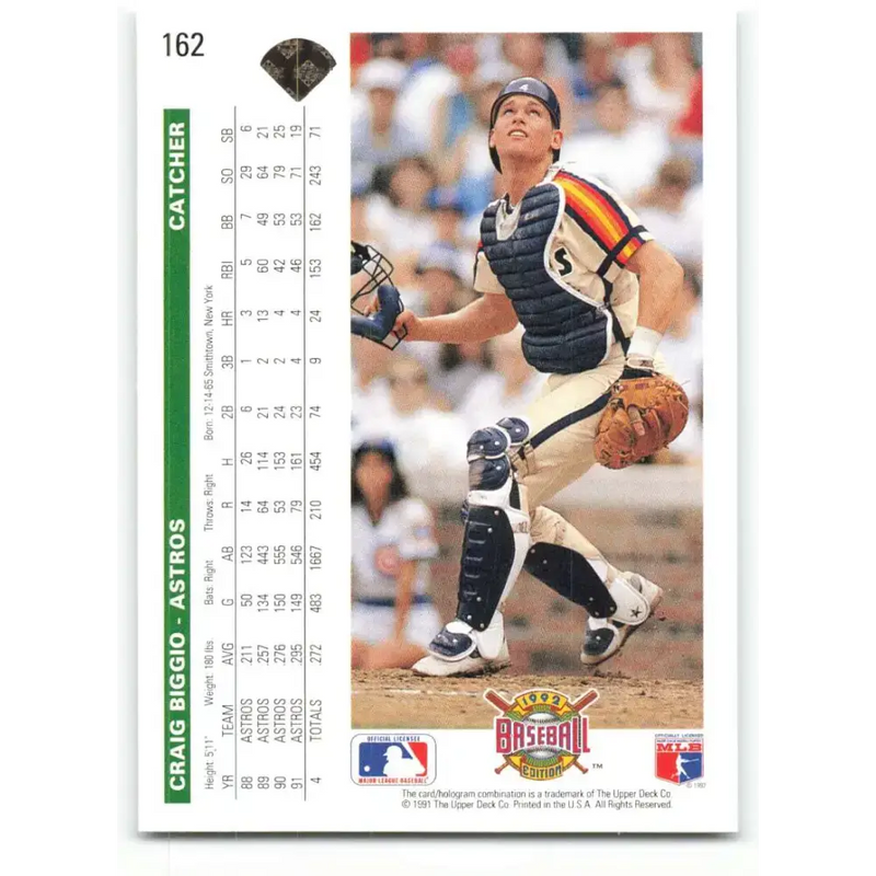 1992 Upper Deck #162 Craig Biggio NM-MT Houston Astros Baseball Card - Baseball Card Single