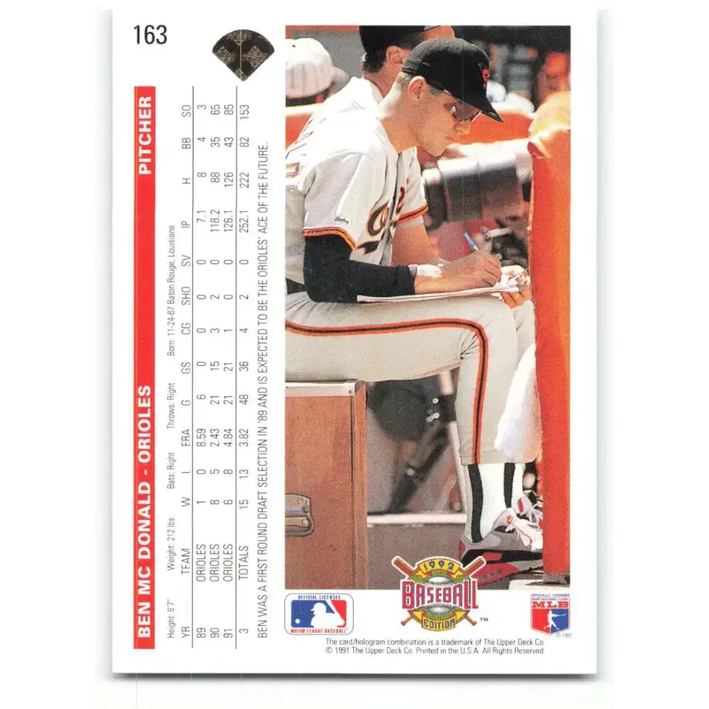1992 Upper Deck #163 Ben McDonald NM-MT Baltimore Orioles Baseball Card - Baseball Card Single