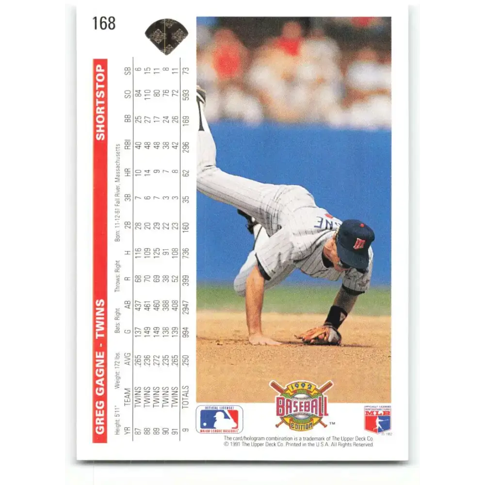 1992 Upper Deck #168 Greg Gagne NM-MT Minnesota Twins Baseball Card - Baseball Card Single