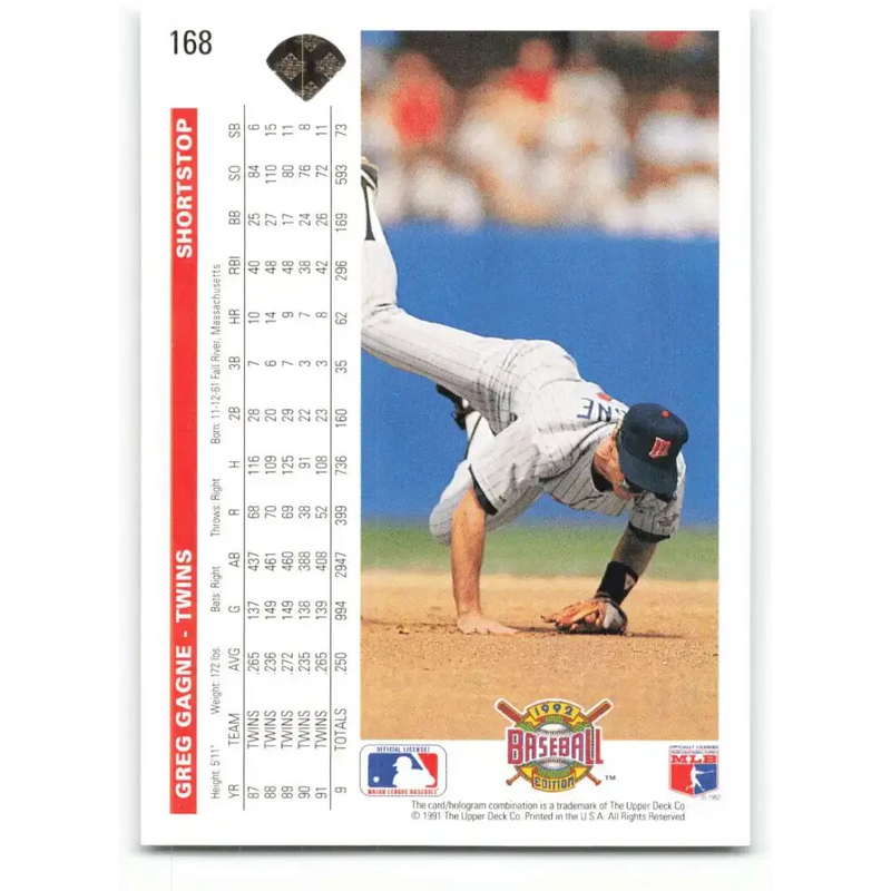 1992 Upper Deck #168 Greg Gagne NM-MT Minnesota Twins Baseball Card - Baseball Card Single