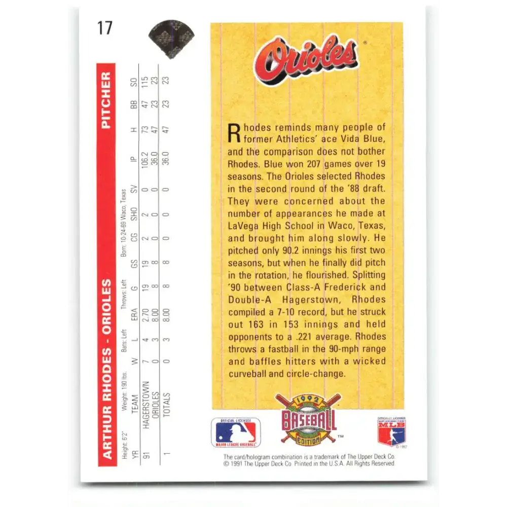 1992 Upper Deck #17 Arthur Rhodes SR NM-MT RC Rookie Baltimore Orioles Baseball Card - Baseball Card Single