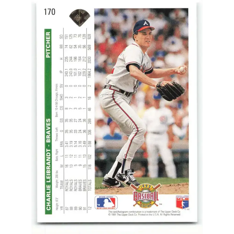 1992 Upper Deck #170 Charlie Leibrandt NM-MT Atlanta Braves Baseball Card - Baseball Card Single