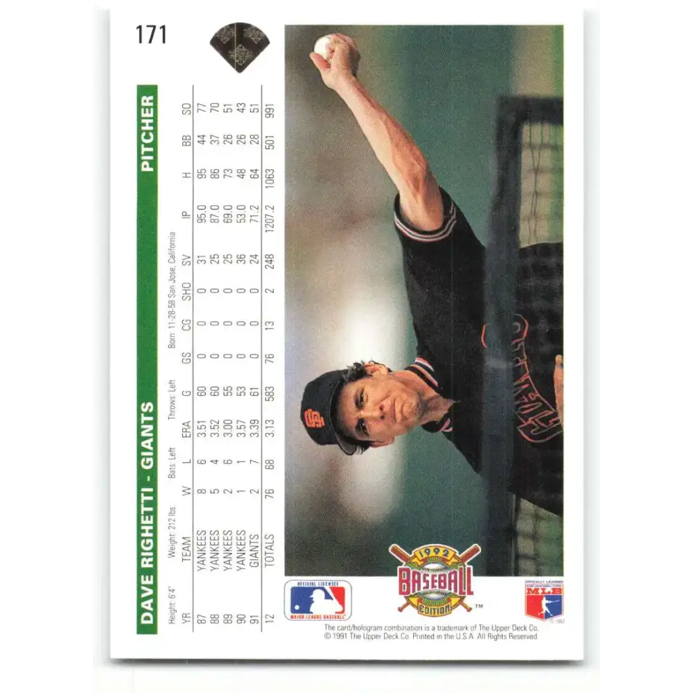 1992 Upper Deck #171 Dave Righetti NM-MT San Francisco Giants Baseball Card - Baseball Card Single