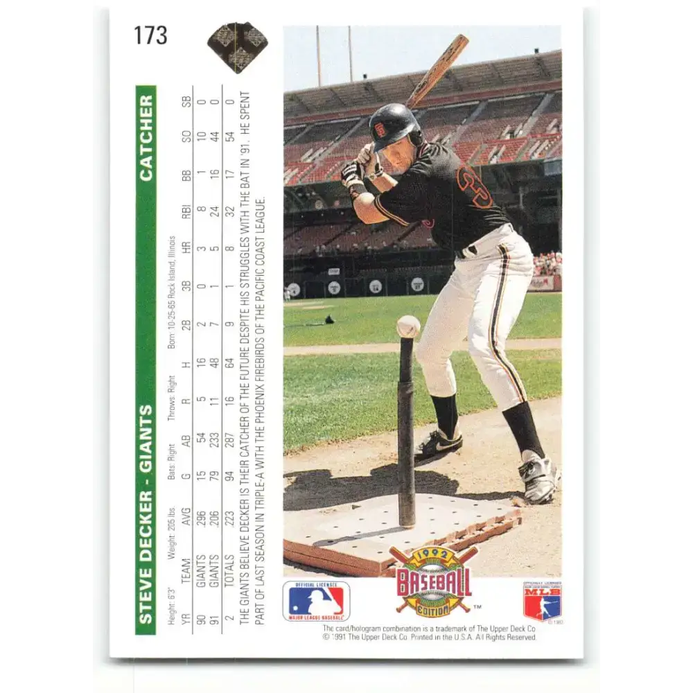 1992 Upper Deck #173 Steve Decker NM-MT San Francisco Giants Baseball Card - Baseball Card Single