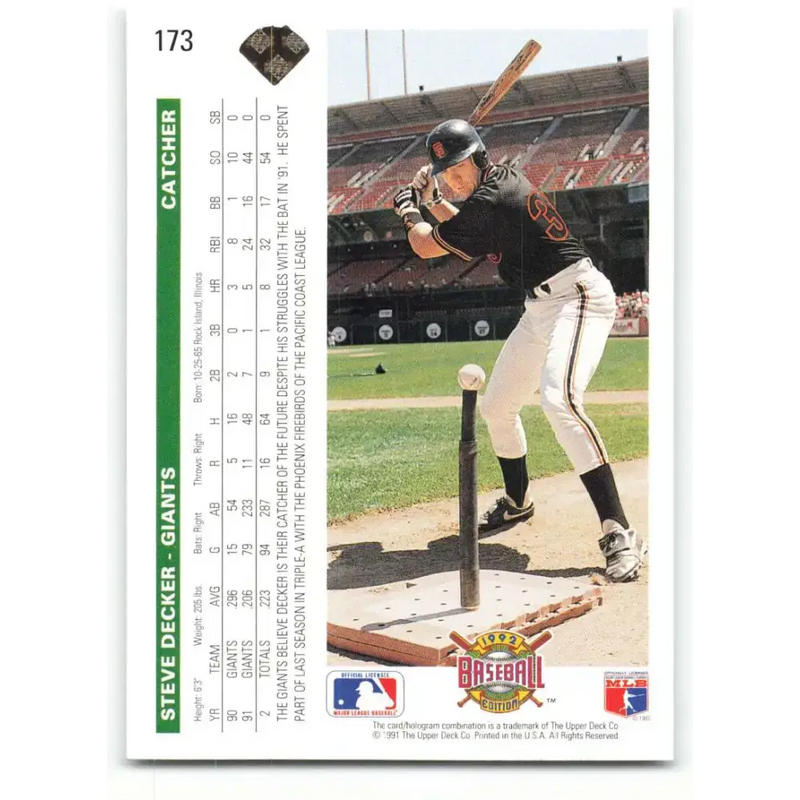 1992 Upper Deck #173 Steve Decker NM-MT San Francisco Giants Baseball Card - Baseball Card Single