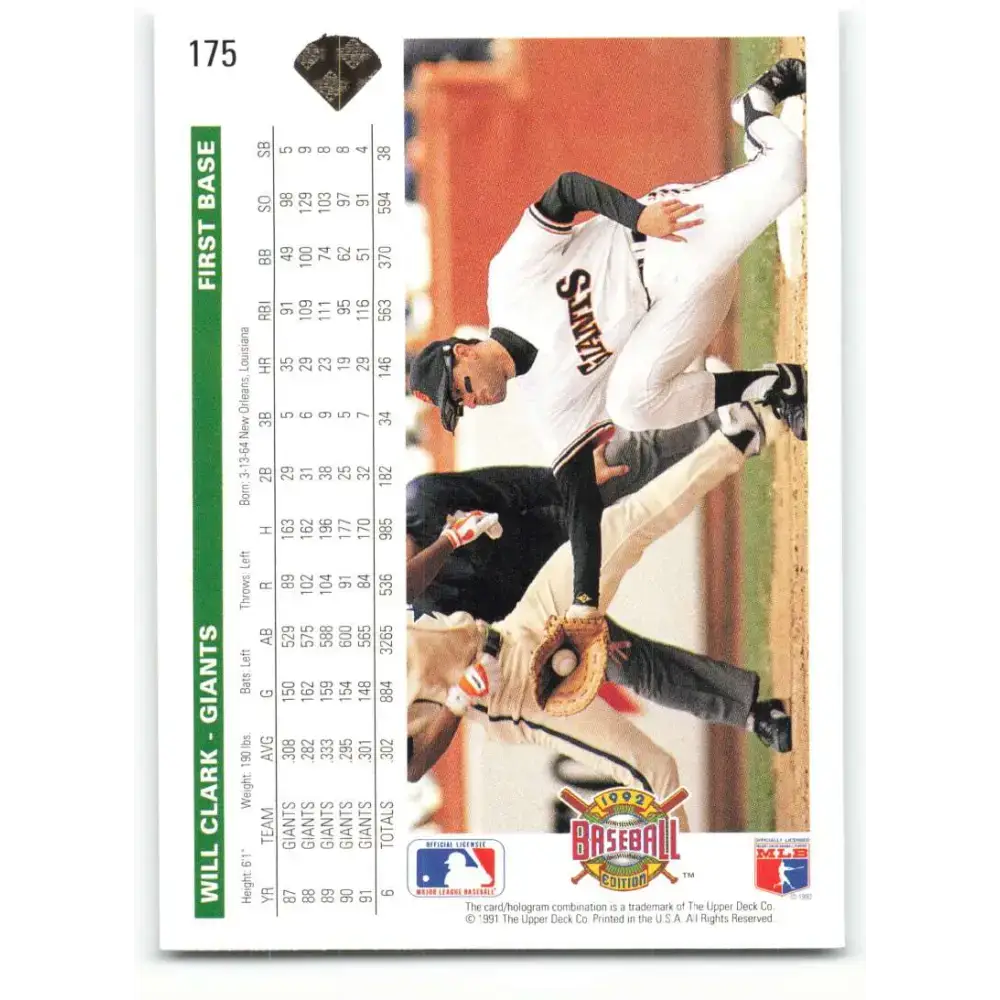 1992 Upper Deck #175 Will Clark NM-MT San Francisco Giants Baseball Card - Baseball Card Single