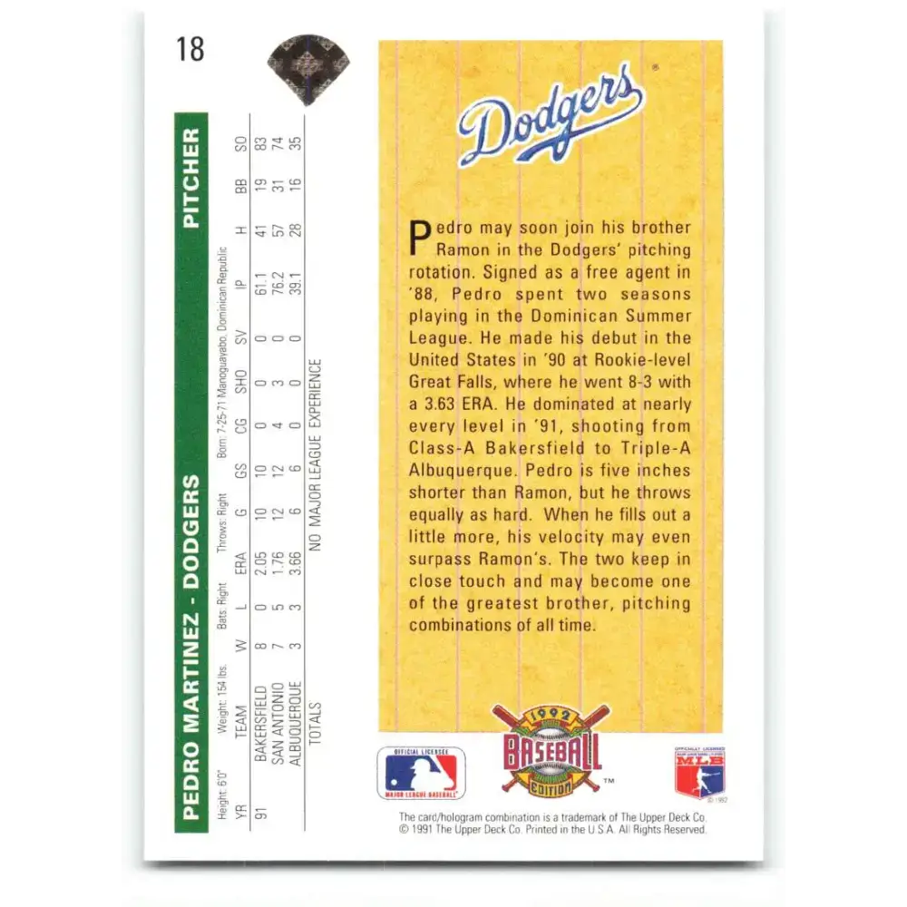 1992 Upper Deck #18 Pedro Martinez NM-MT Los Angeles Dodgers Baseball Card - Baseball Card Single