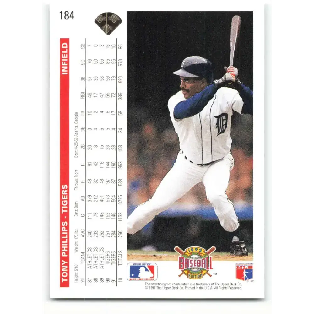 1992 Upper Deck #184 Tony Phillips NM-MT Detroit Tigers Baseball Card - Baseball Card Single