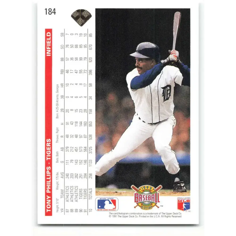 1992 Upper Deck #184 Tony Phillips NM-MT Detroit Tigers Baseball Card - Baseball Card Single