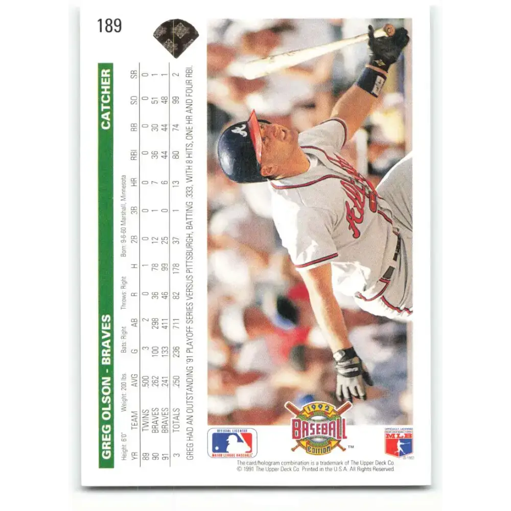 1992 Upper Deck #189 Greg Olson NM-MT Atlanta Braves Baseball Card - Baseball Card Single