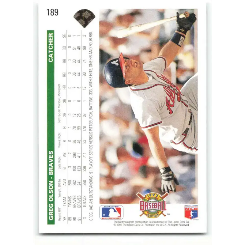 1992 Upper Deck #189 Greg Olson NM-MT Atlanta Braves Baseball Card - Baseball Card Single