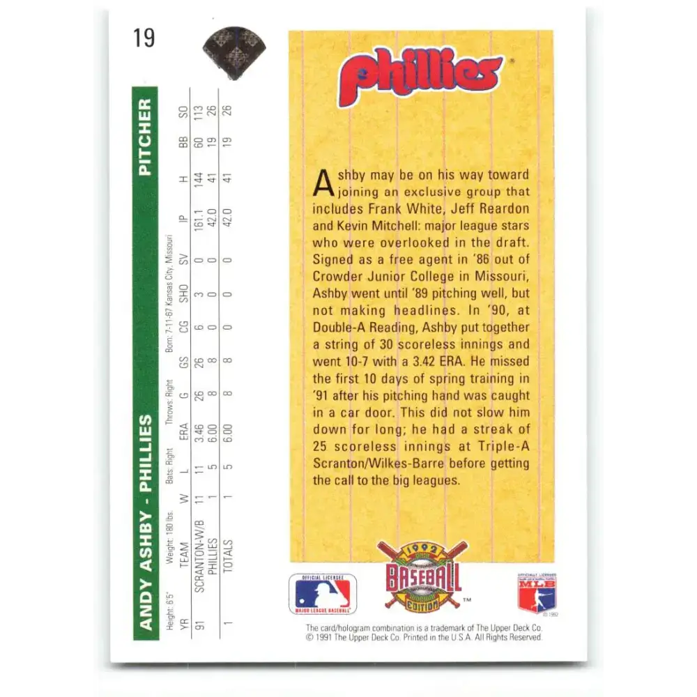 1992 Upper Deck #19 Andy Ashby SR NM-MT RC Rookie Philadelphia Phillies Baseball Card - Baseball Card Single