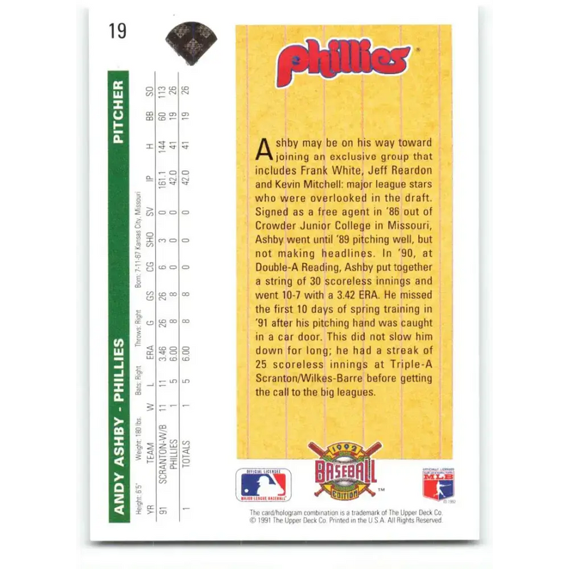 1992 Upper Deck #19 Andy Ashby SR NM-MT RC Rookie Philadelphia Phillies Baseball Card - Baseball Card Single