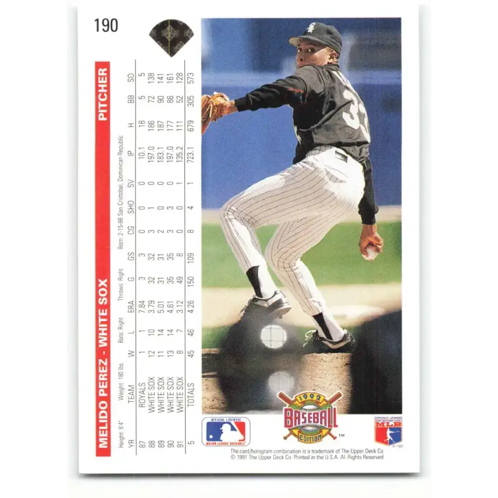 1992 Upper Deck #190 Melido Perez NM-MT Chicago White Sox Baseball Card - Baseball Card Single