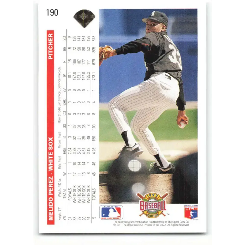 1992 Upper Deck #190 Melido Perez NM-MT Chicago White Sox Baseball Card - Baseball Card Single