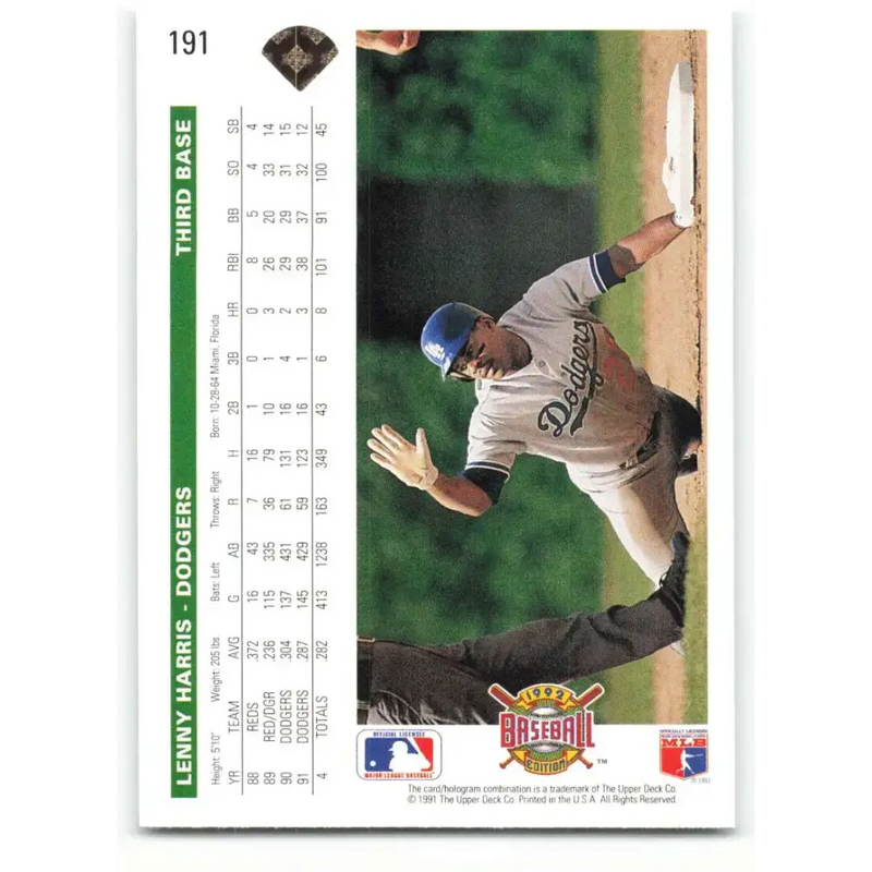 1992 Upper Deck #191 Lenny Harris NM-MT Los Angeles Dodgers Baseball Card - Baseball Card Single